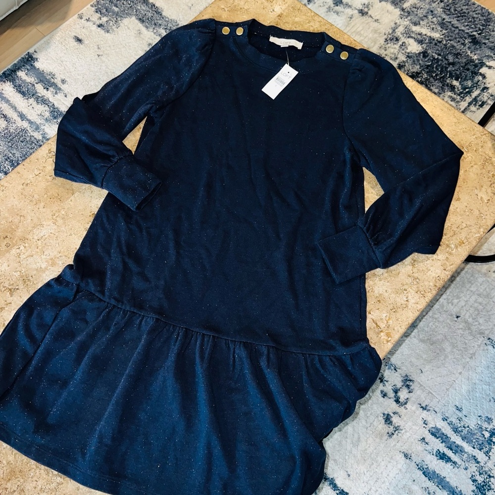 NWT LOFT Sparkle Confetti Navy Sweater Dress with Gold Button Details Size S